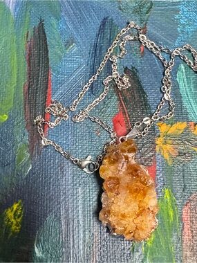Natural Citrine Druze Crystal Pendant Necklace - 20” Stainless Steel Chain